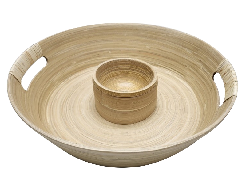 Bamboo dip and chip tray with rattan accent